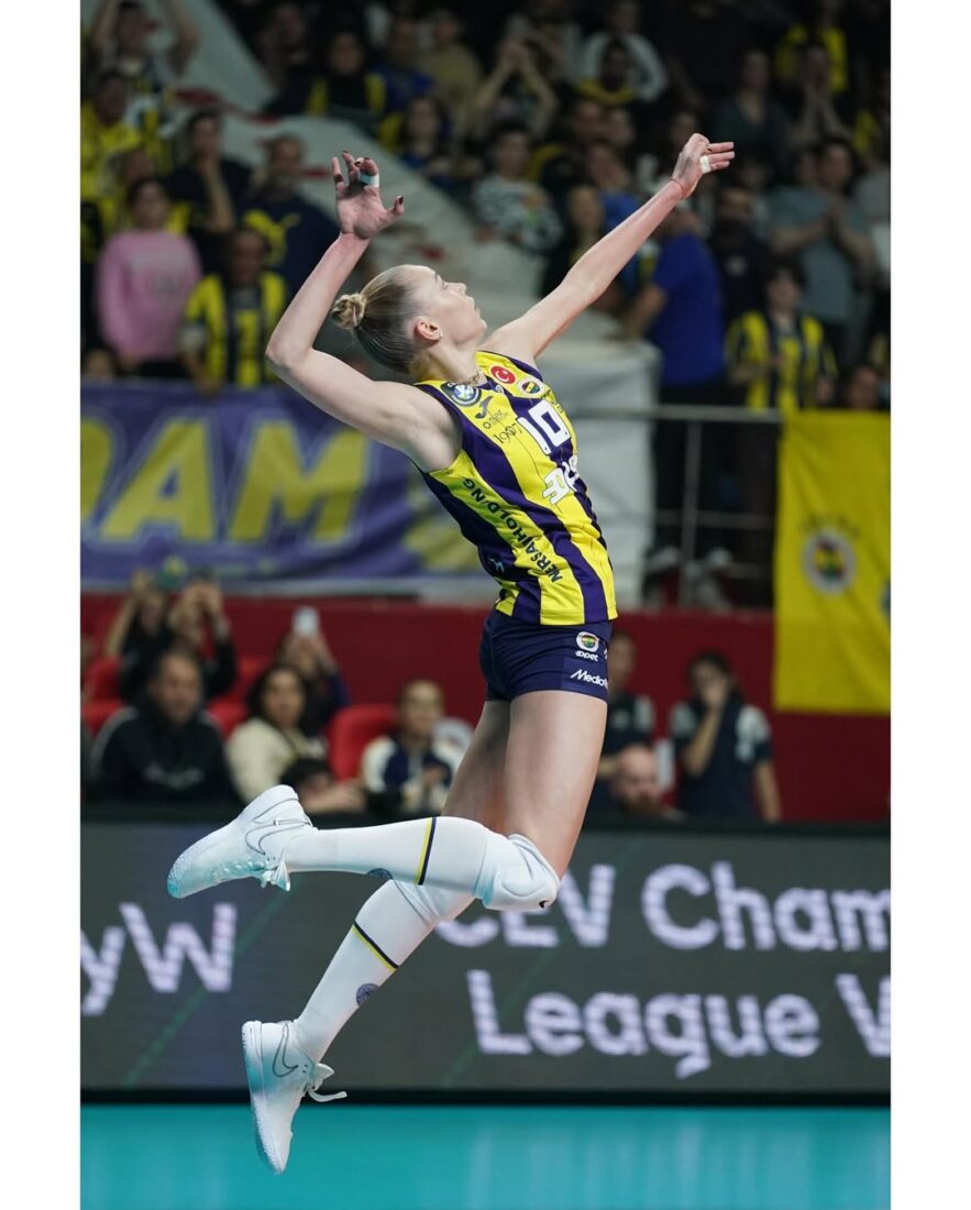Arina Fedorovtseva jumps for a spike during Fenerbahce's match against Asseco Resovia, Istanbul, Türkiye, Feb. 29, 2024. (Photo via Instagram / @a.fed.10)