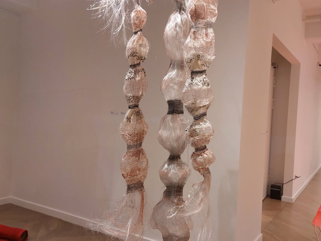 An abstract installation featuring spherical and elongated forms, intricately woven and designed with motifs inspired by Anatolian printing traditions, Istanbul, Türkiye, Dec. 27, 2024. (Photo via Instagram / @anelsander)