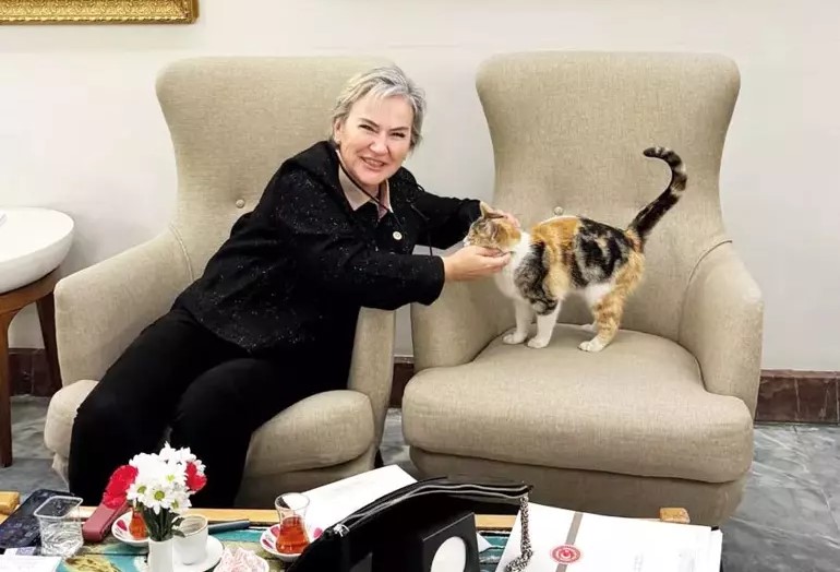 Republican People's Party (CHP) Istanbul MP Nimet Ozdemir and one of the parliamentary cats, Grand National Assembly of Türkiye, Ankara, Türkiye, January 14, 2025. (Photo via Hurriyet)