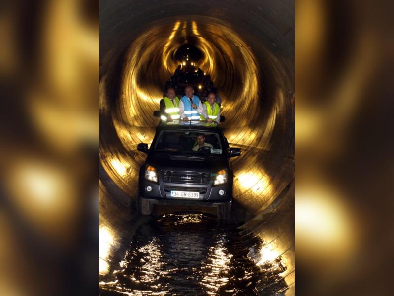 Former Mayor of Istanbul Kadir Topbas and his team introduced the Bosphorus Water Tunnel to the press in May 2012 by passing through a tunnel with a diameter of 4 meters. (AA Photo)