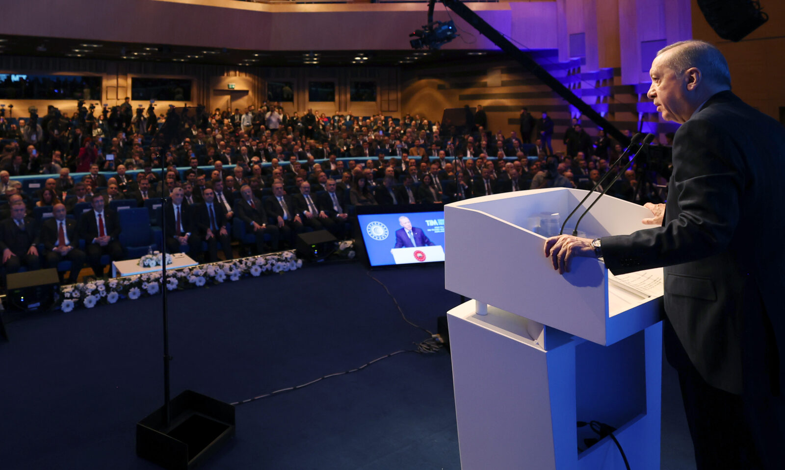 President Recep Tayyip Erdogan delivers a speech during the announcement of 2024 export figures at the Halic Congress Center in Istanbul, Türkiye on Jan. 03, 2025. (AA Photo)