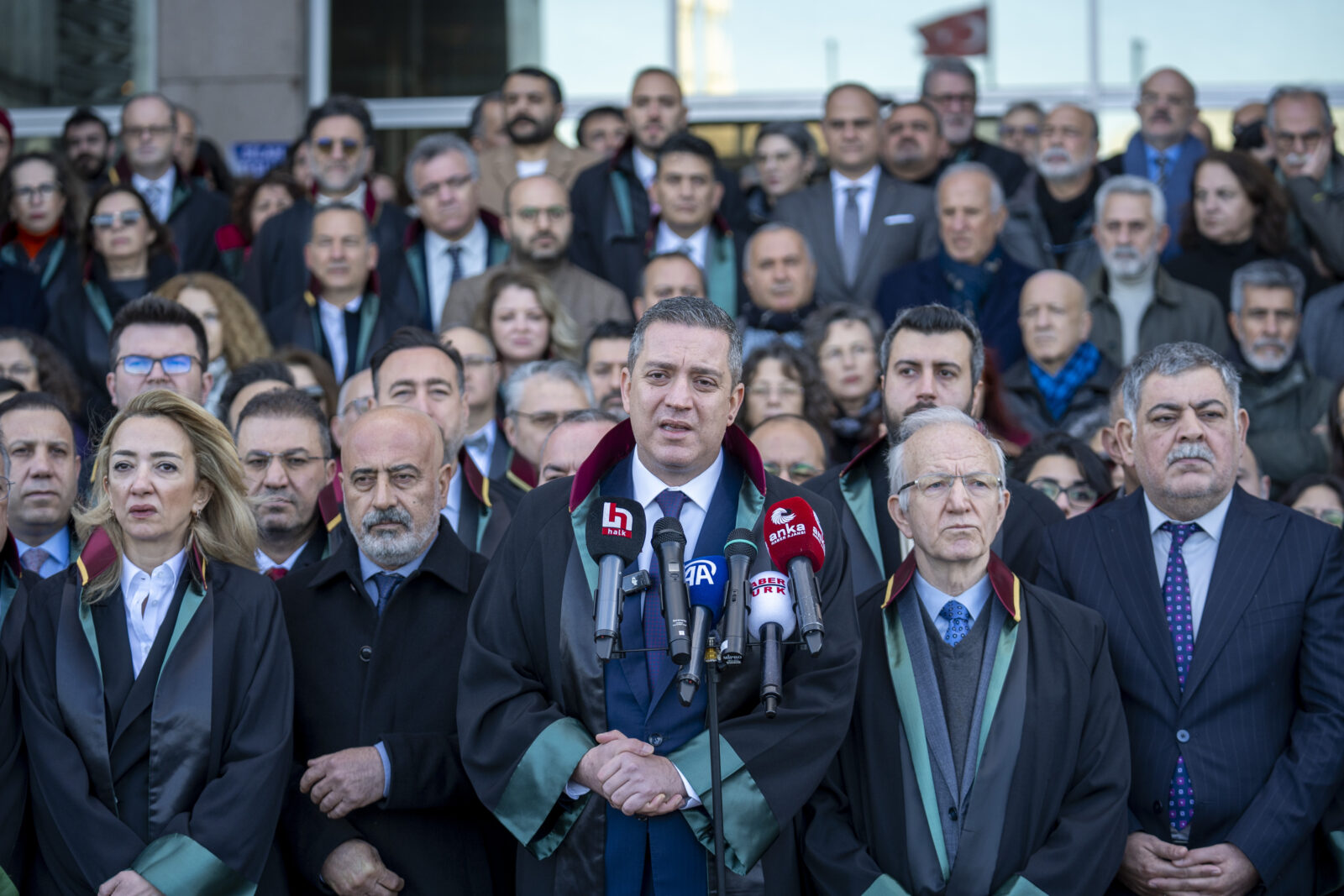 Istanbul Bar Association President Ibrahim Kaboglu (2-R) and members of the Board of Directors come to the prosecutor's office to testify within the scope of the investigation, Istanbul, Türkiye, Jan. 7, 2025. (AA Photo)