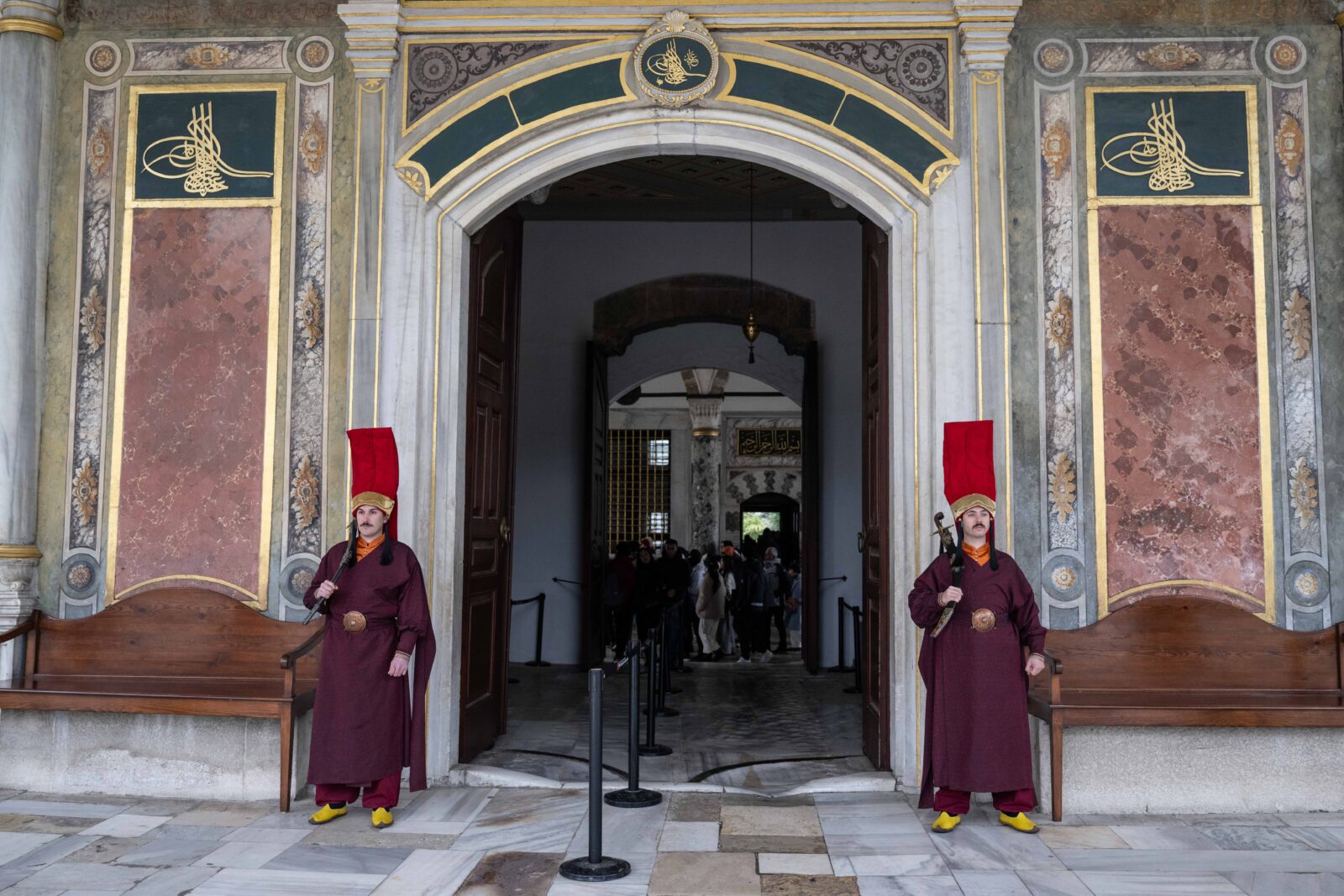 In Topkapi Palace, which hosts thousands of local and foreign tourists daily, gendarmeries stand guard in 