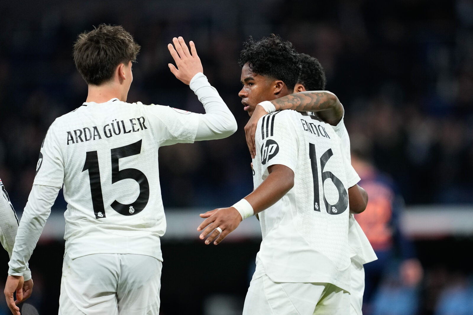 Endrick Moreira of Real Madrid celebrates a goal with Arda Guler during the Spanish Cup, Copa del Rey, round of 16 football match played between Real Madrid and RC Celta de Vigo at Santiago Bernabeu stadium, in Madrid, Spain, Jan. 16, 2025. (AA Photo)