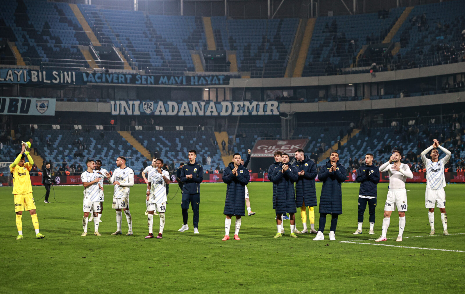 Players of Fenerbahce greet their fans as they celebrate their victory at the end of the Turkish Super Lig week 20 football match between Adana Demirspor and Fenerbahce, in Adana, Turkiye on Jan. 19, 2025. (AA Photo)