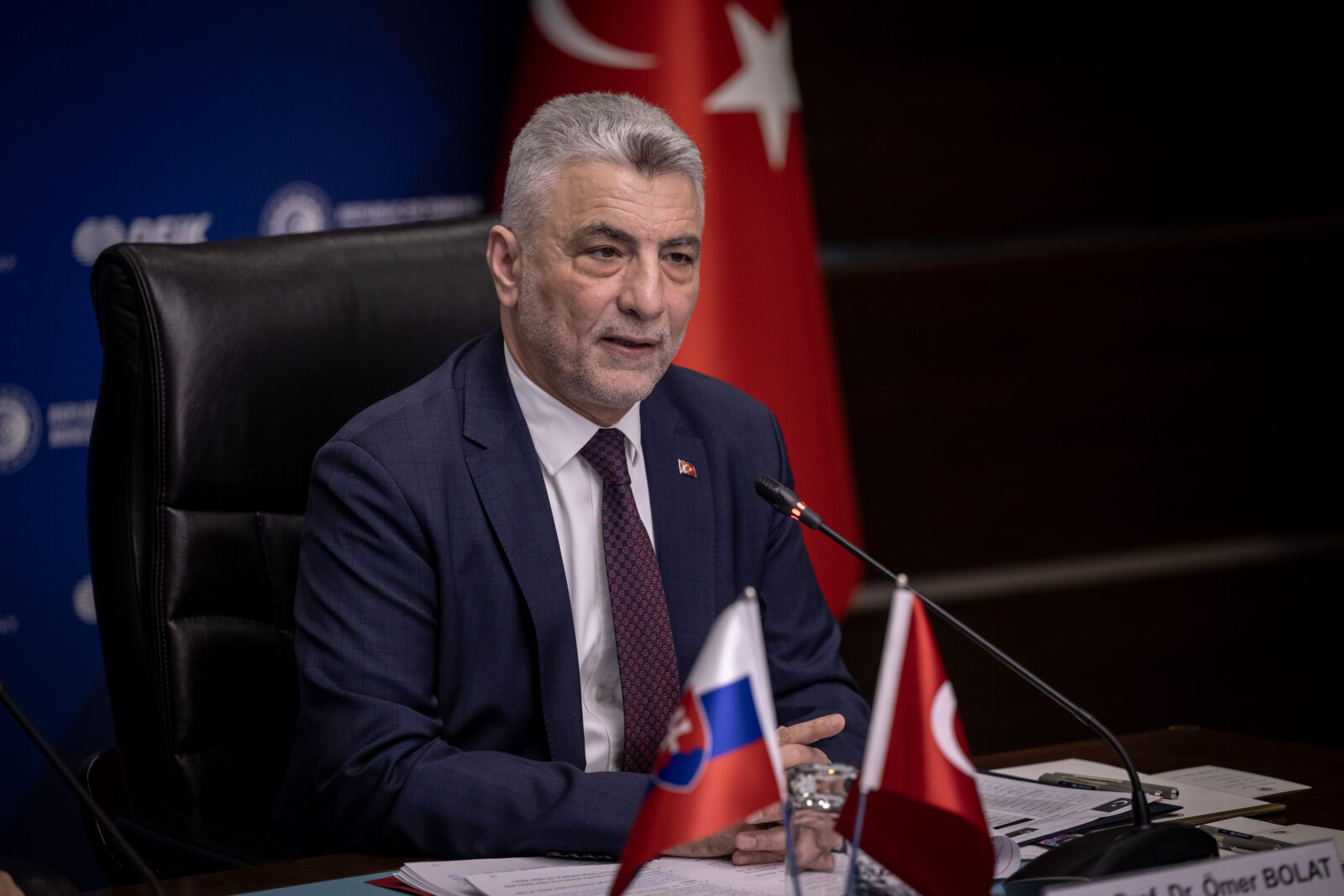 Turkish Minister of Trade Omer Bolat speaks during the Türkiye - Slovakia Roundtable Meeting held at the Turkish Ministry of Trade in Ankara, Türkiye on Jan. 20, 2025. (AA Photo)