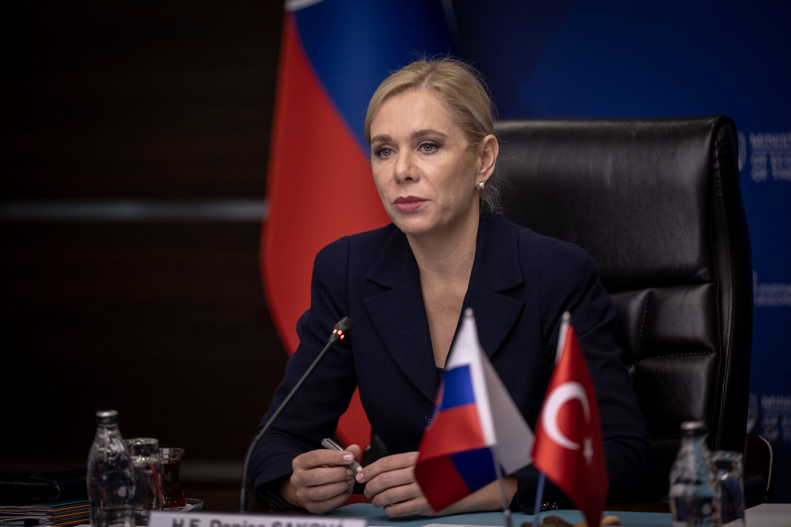 Deputy Prime Minister and Minister of Economy of Slovakia Denisa Sakova speaks during the Türkiye - Slovakia Roundtable Meeting held at the Turkish Ministry of Trade in Ankara, Türkiye on Jan. 20, 2025. (AA Photo)