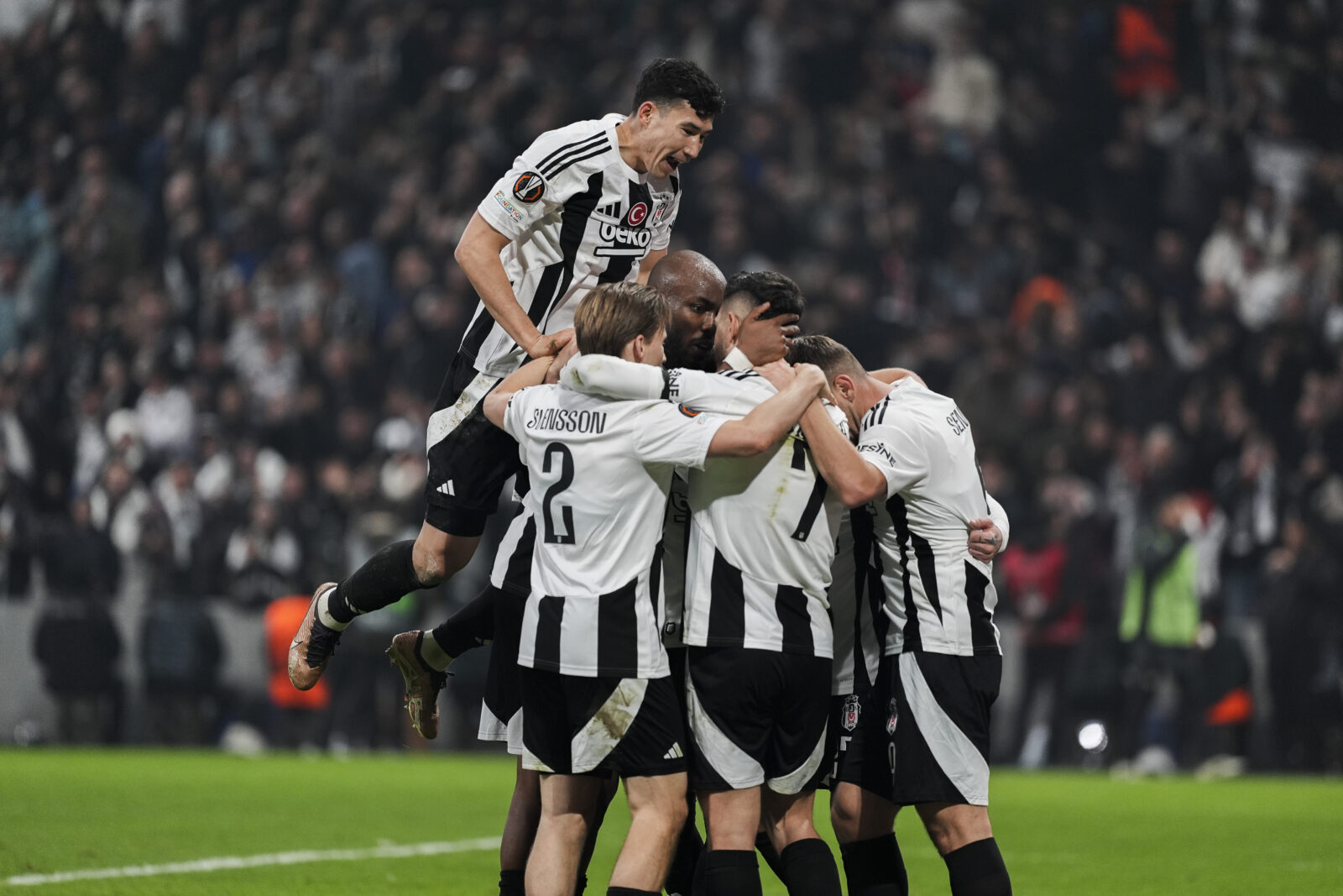 Rafa Silva of Besiktas celebrates with teammates after scoring a goal during the UEFA Europa League seventh week match between Besiktas and Athletic Bilbao at Tupras Stadium in Istanbul, Türkiye, Jan. 22, 2025. (AA Photo)