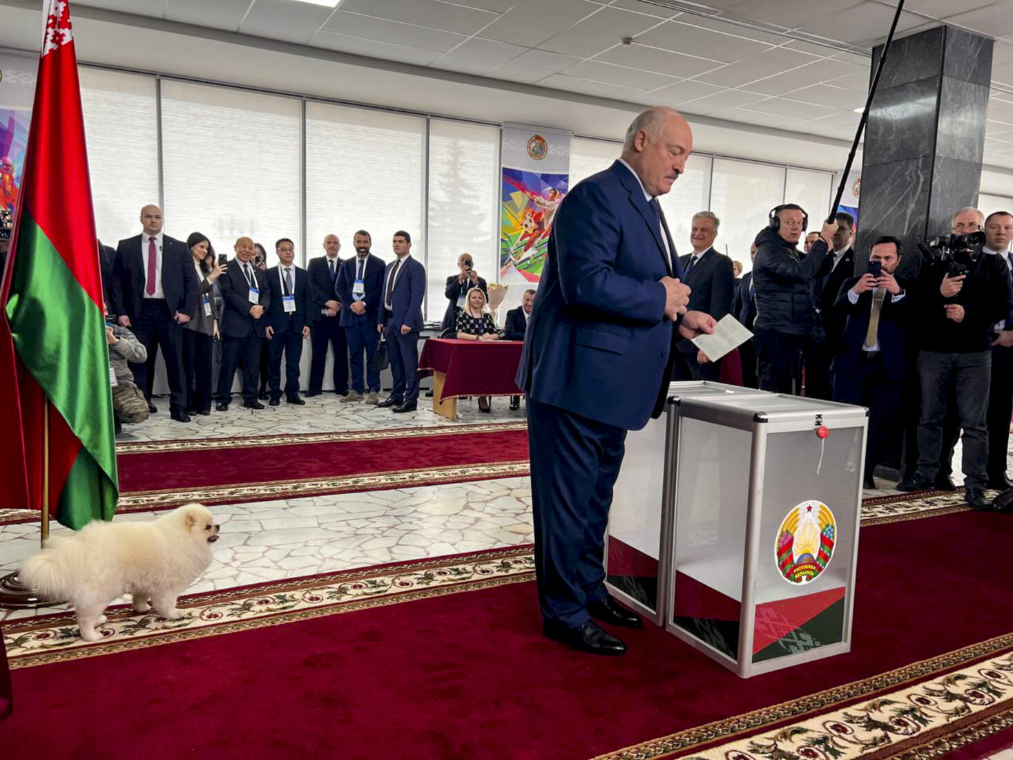 Belarusian President and presidential candidate Alexander Lukashenko casts his ballot with his dog Umka at a polling station in the capital Minsk, Belarus on January 26, 2025. (AA Photo)