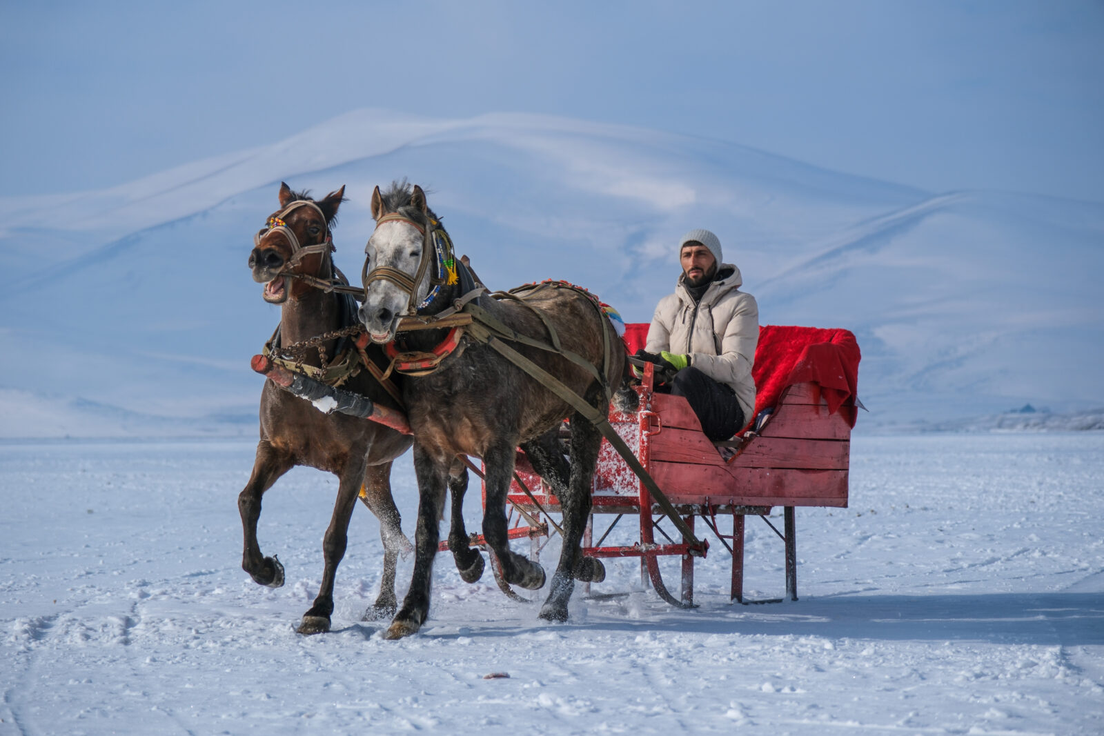 People take a ride on the ice with a horse-drawn sleigh despite the cold weather in Ardahan, Turkiye on Jan. 26, 2025. ( Aykut Temur - Anadolu Agency )