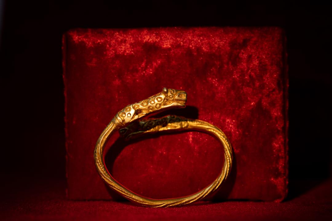 In Kazakhstan's Atrau region, located in the Caspian Sea area, archaeological excavations at Sarmatian-era burial sites have revealed ancient treasures. A leopard-depicted bracelet was showcased for the first time in an exhibition at the Atrau Regional History Museum on Jan. 27, 2025. (AA Photo)
