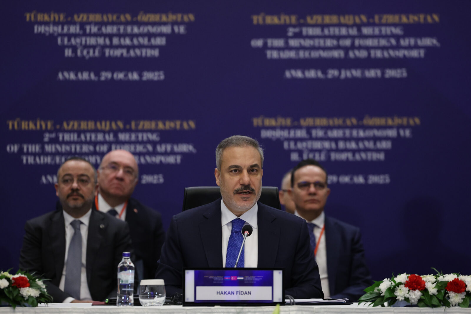 Turkish Foreign Minister Hakan Fidan speaks during the trilateral meeting of the ministers of foreign affairs, trade, economy and transportation of Türkiye-Azerbaijan-Uzbekistan held at the JW Marriott Ankara Hotel in Ankara, Turkiye on Jan. 29, 2025. (AA Photo)