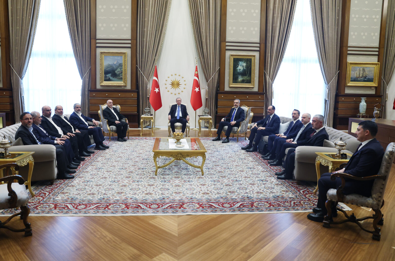 Foreign Minister Hakan Fidan, Head of National Intelligence Organization Ibrahim Kalin, Presidential Communications Director Fahrettin Altun, Presidential Advisor on Foreign Policy and Security Akif Cagatay Kilic and Presidential Chief of Staff Hasan Dogan were also present at the reception. (TCCB / Murat Kula - Anadolu Agency)