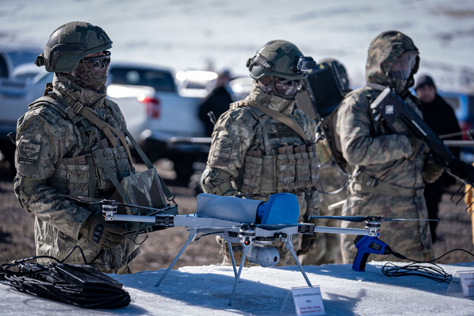 Turkish Armed Forces stand next to kamikaze drones in Kars, Türkiye on Jan. 30, 2025. (AA Photo)