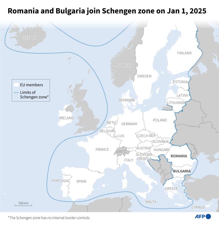 Map of the EU and Schengen Zone after Romania and Bulgaria join the zone, Jan. 1, 2025. (AFP Photo)