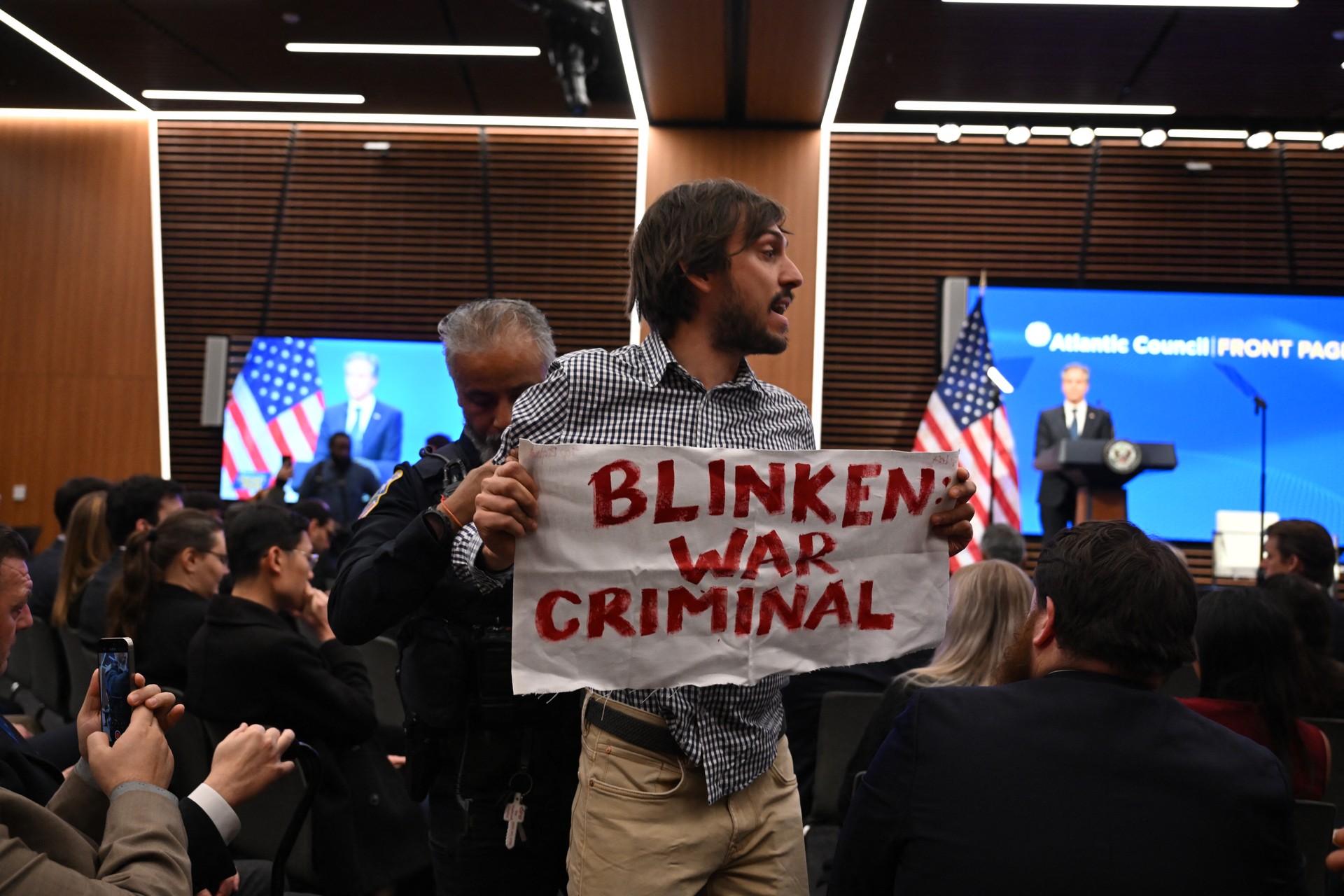 Protesters call Blinken 'secretary of genocide' during Atlantic Council address
