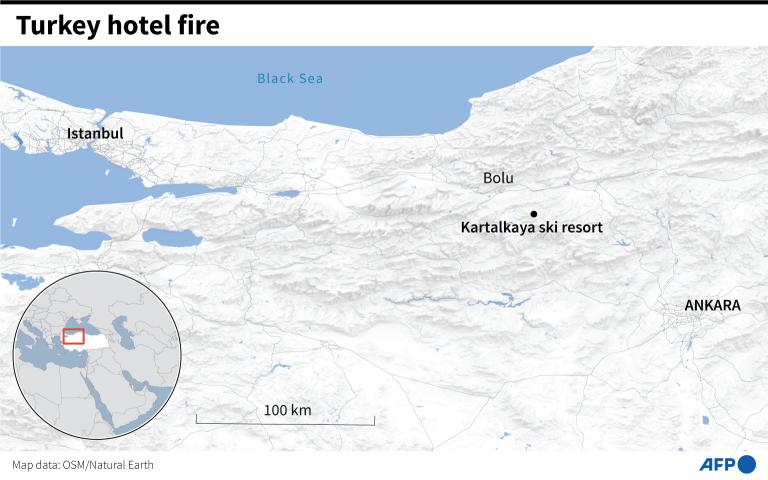 Map locating Kartalkaya ski resort in northern Türkiye where fire killed dozens. (AFP Photo)