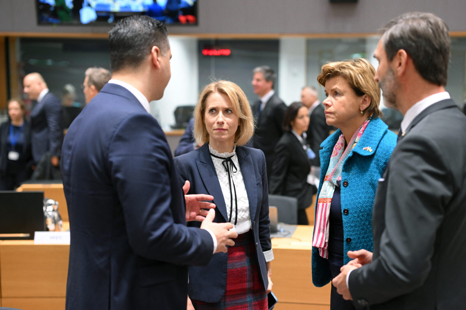 Commissioner for Foreign Affairs and Security Policy Kaja Kallas (2nd-L) listens to Malta's Minister for Foreign Affairs Ian Borg (L) before a Foreign Affairs Council at the European Council headquarters in Brussels on Jan. 27, 2025. (AFP Photo)