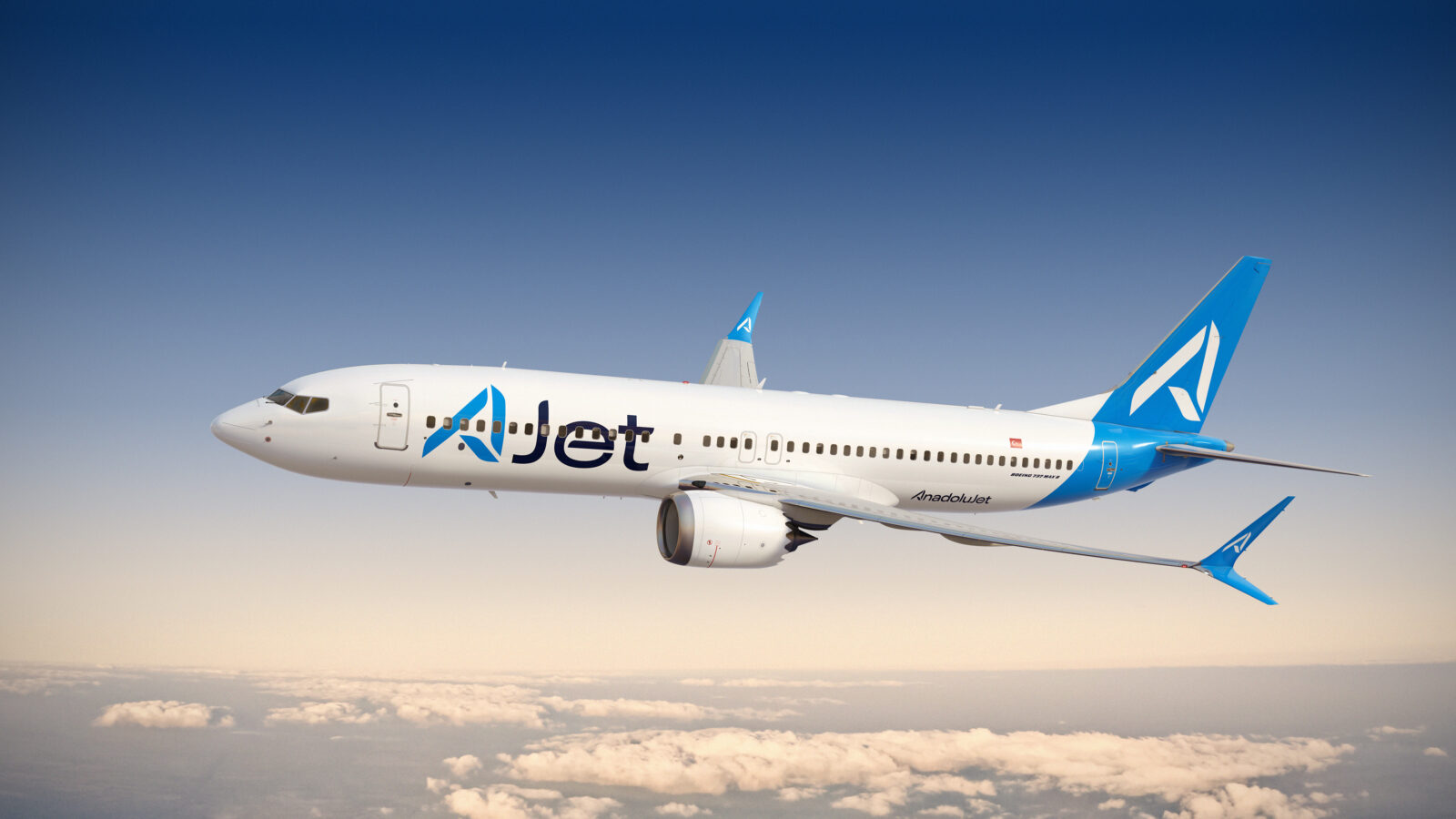 The promotional photo shows an AJet airplane soaring through a clear sky above the clouds. (Courtesy of AJet)