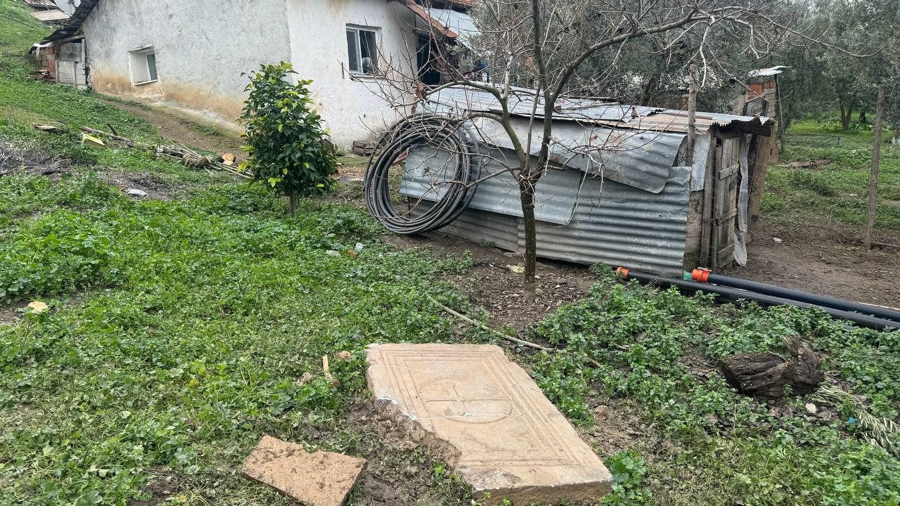 A farmer plowing his field accidentally discovered a sarcophagus lid, Hocakoy, Iznik, Bursa, January 5, 2025. (IHA Photo)