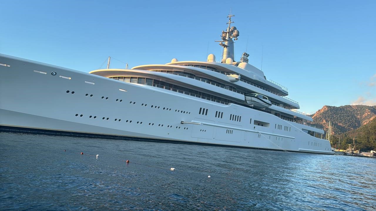 The superyacht named 'Eclipse' belonging to Russian billionaire Roman Abramovich, which has been anchored in Mugla's Marmaris district for about 3 years, attracts attention with its equipment. (IHA Photo)