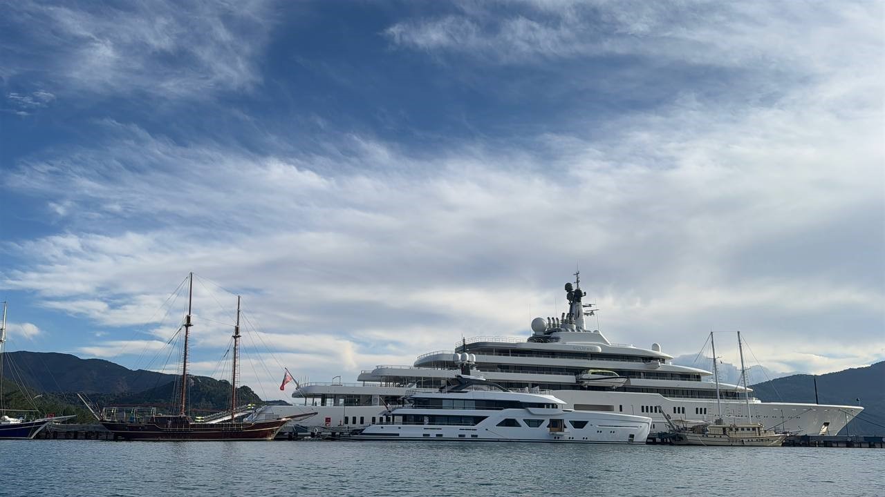 The superyacht named 'Eclipse' belonging to Russian billionaire Roman Abramovich, which has been anchored in Mugla's Marmaris district for about 3 years, attracts attention with its equipment. (IHA Photo)