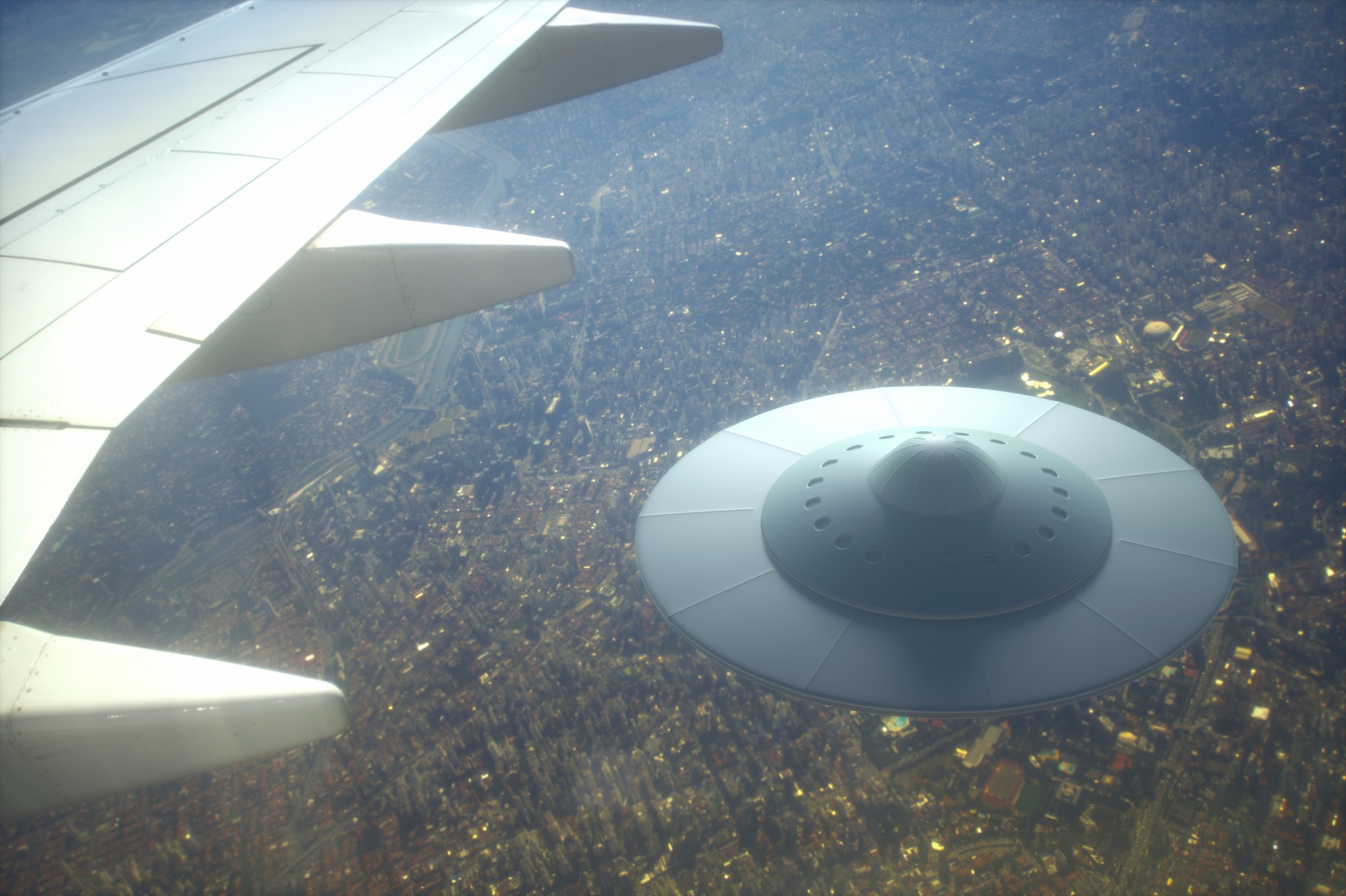 3D illustration with photography. Alien spaceship flying together with airplane. (Adobe Stock Photo)