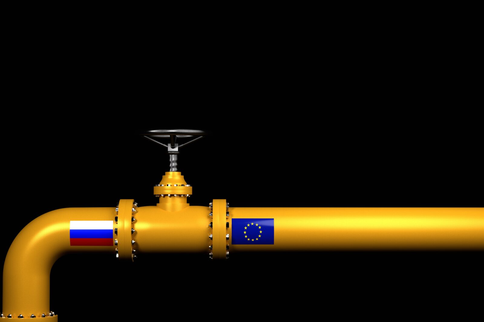 The gas pipeline with flags of Russia, Ukraine and the EU. (Adobe Stock Photo)