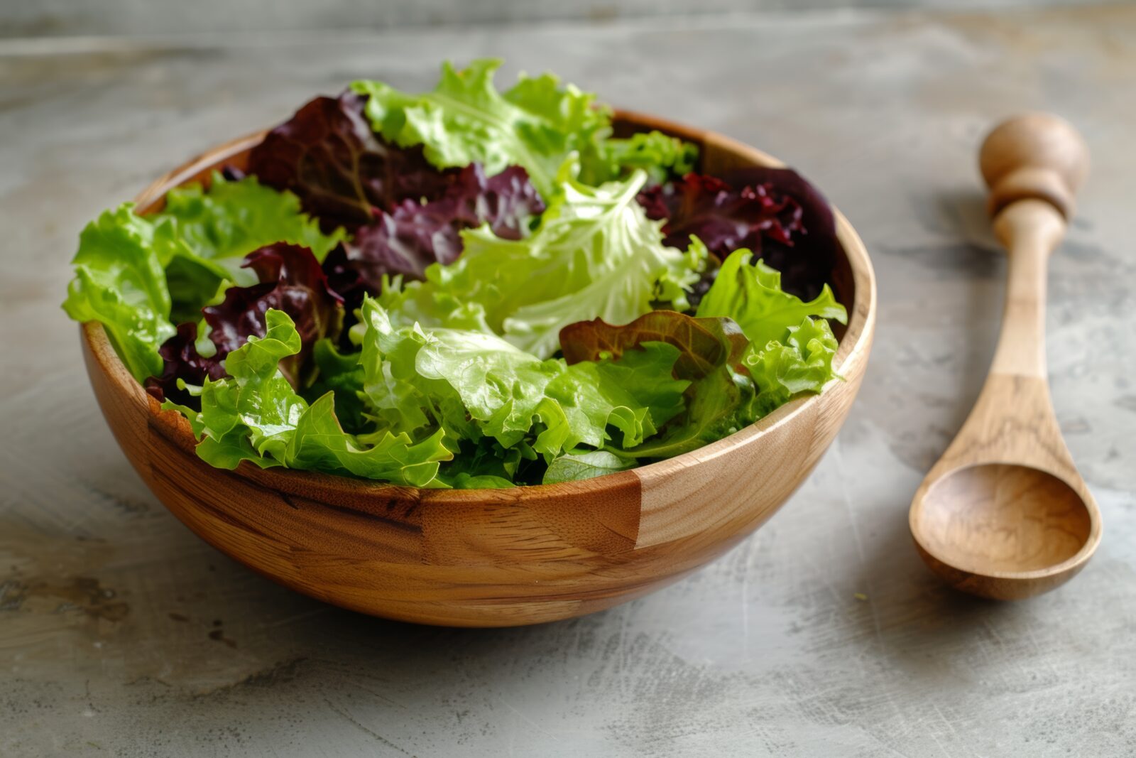 Fresh lettuce in an ancient wooden bowl on a rustic table. (Adobe Stock Photo)