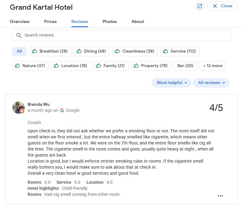 Screenshot of Brenda Wu's review of Grand Kartal Hotel on Google Reviews.