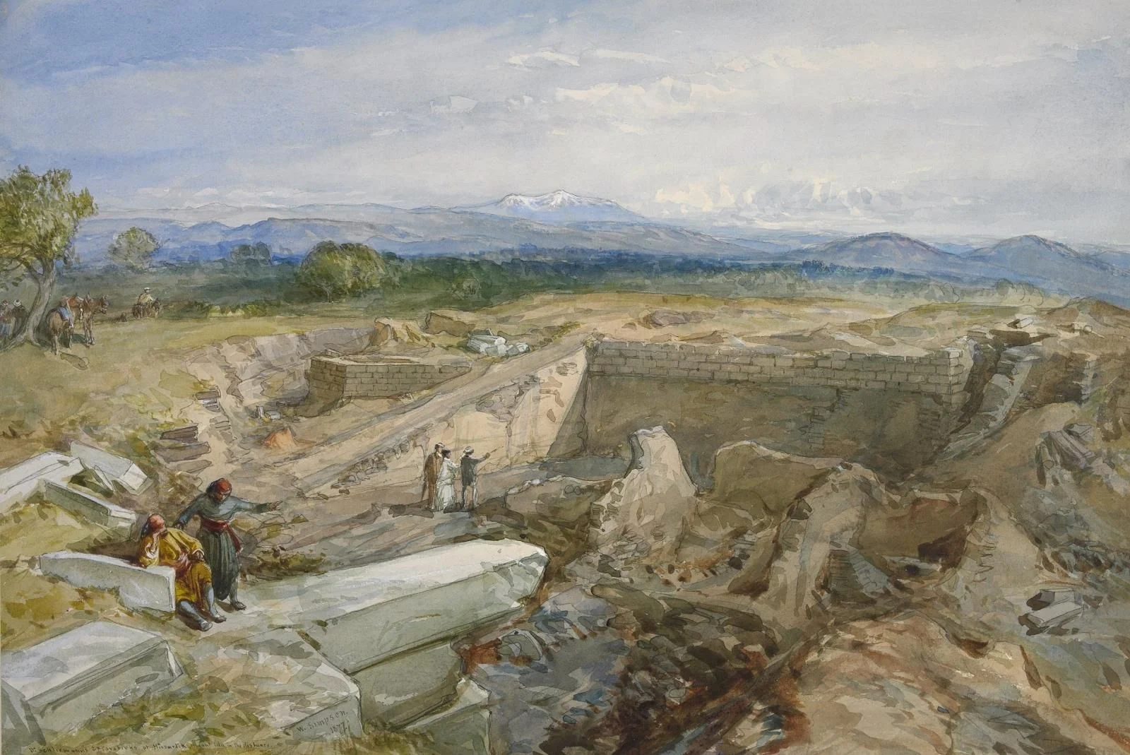 William Simpson's 1877 watercolor depicts the excavations at Hissarlik, the site of ancient Troy. (Photo via World History Encyclopedia)