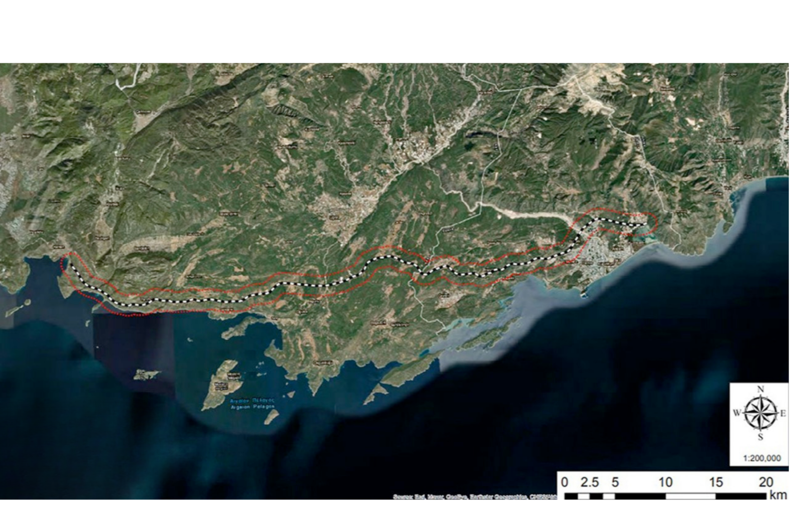 Map depicting the proposed Finike-Kalkan highway route (black and white dashed line) and the review area (red outline) highlighting its proximity to sensitive regions, Türkiye, Jan. 25, 2025. (Photo via X)