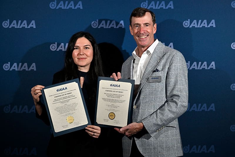 Gokcin Cinar (L), a distinguished researcher and Assistant Professor from Michigan University's Department of Aerospace Engineering, has won the 2025 AIAA Lawrence Sperry Award, considered the most prestigious honor for individuals under the age of 35 in the aerospace industry. January 24, 2025. (Photo via Michigan University)