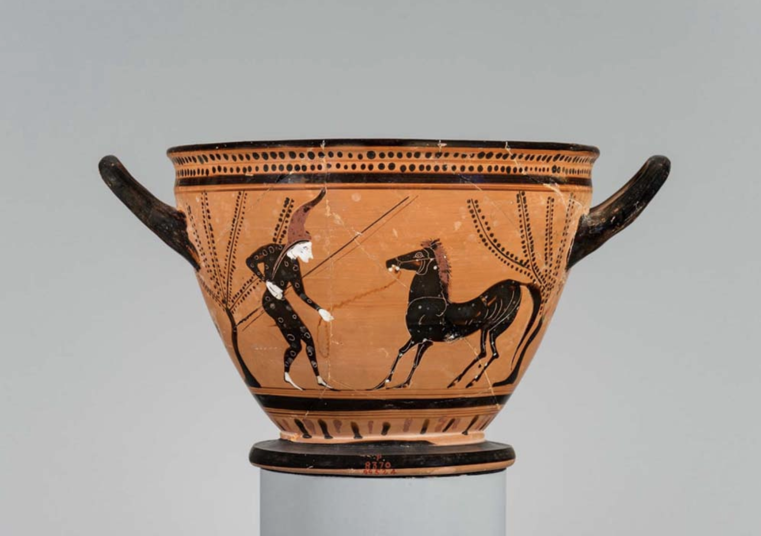The black-figure skyphos dating from 510 to 500 BCE depicts an Amazonian figure next to her horse, Museum of Fine Arts, Boston, United States, accessed Jan. 20, 2025. (Courtesy of sch.gr)