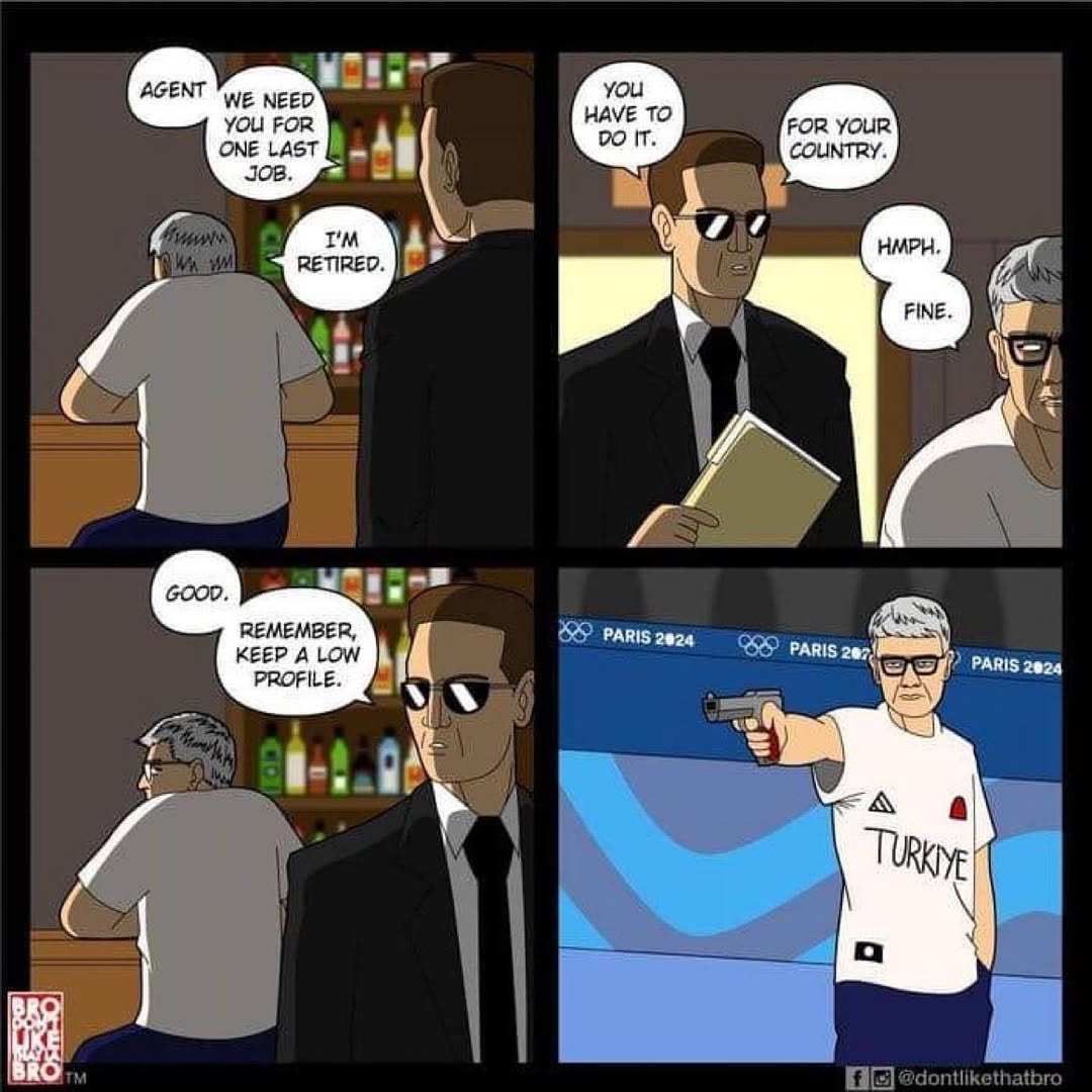One of the viral memes shared on the internet about Yusuf Dikec, a 52-year-old Turkish sport pistol shooter, after his chill vibe went viral globally. (Photo via Instagram.com)