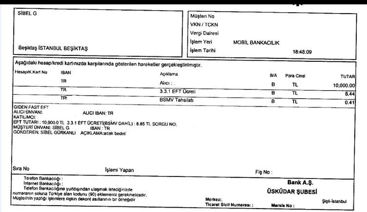 Bank statement of one of the transactions made by Turkish businesswoman Sibel G., showing payments for the alleged votive offerings, Istanbul, Türkiye, Jan. 6, 2024. (Türkiye Daily)