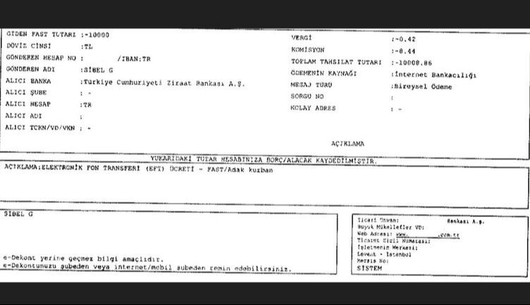 Bank statement of one of the transactions made by Turkish businesswoman Sibel G., showing payments for the alleged votive offerings, Istanbul, Türkiye, Jan. 6, 2024. (Türkiye Daily)