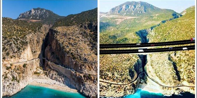 Kaputas Beach's untouched beauty on the left versus its reimagined future with the proposed Finike-Kalkan highway on the right, Antalya, Türkiye, Jan. 23, 2025. (Photo via Green Newspaper)
