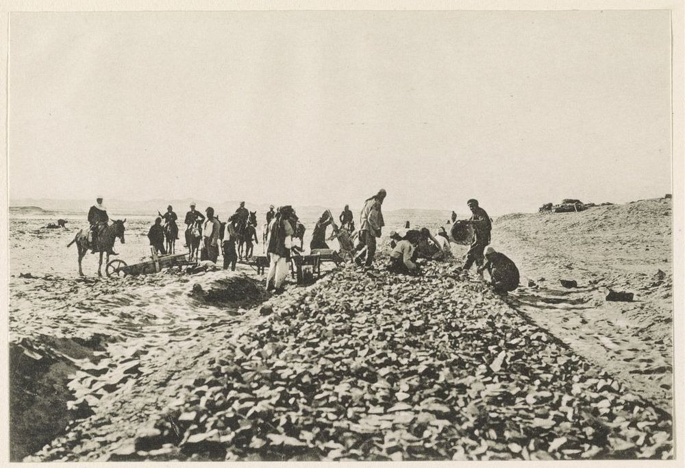 Construction of the Hejaz Railroad. Ballasting the rail tracks, 1906. (Photo via Library of Congress)