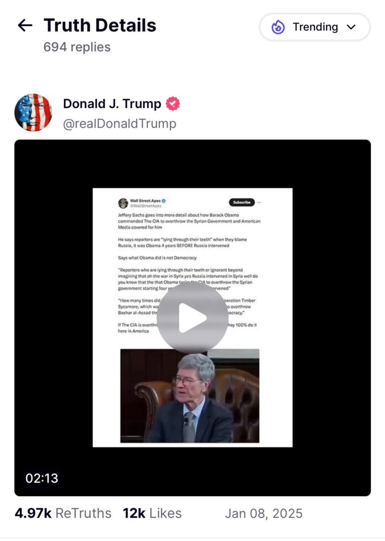 Video re-shared by Trump on Truth Social. Jan. 08, 2025. (Screenshot)