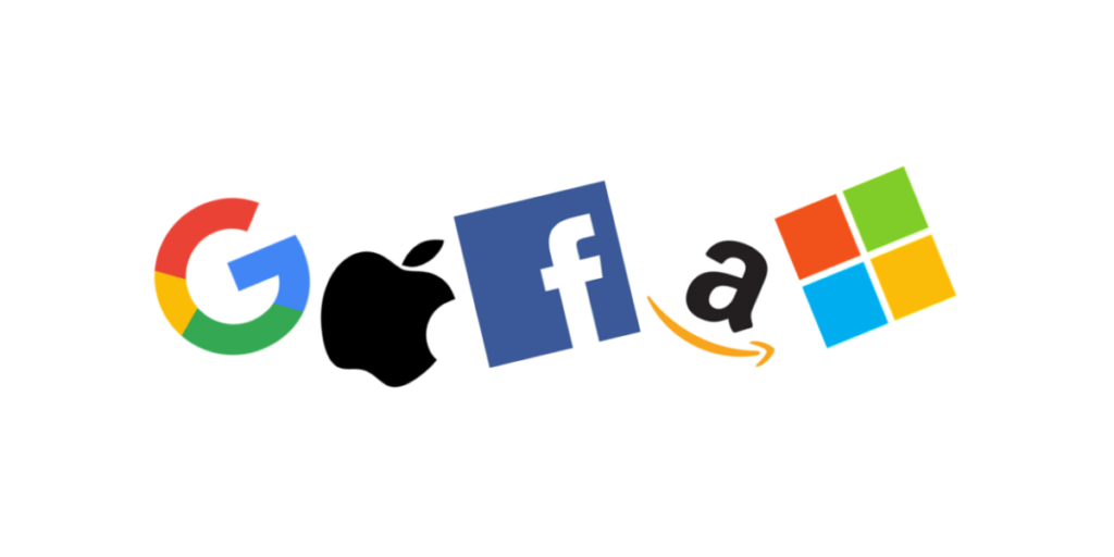 Logos of U.S. tech giants Google, Apple, Facebook, Amazon, and Microsoft. (Photo via theraise.eu)