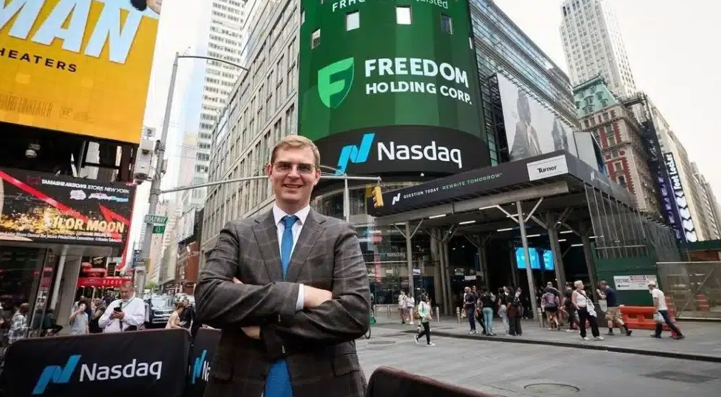 Timur Turlov, CEO of Kazakh-based Freedom Holding Corp. poses for a photo at the Nasdaq MarketSite in New York, U.S. (Photo via Instagram/timurturlov)