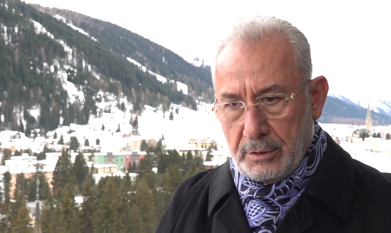 Fuat Tosyali, chairman of Turkish steel giant Tosyali Holding, speaks to Anadolu Agency during the 55th Annual Meeting of the World Economic Forum (WEF) in Davos, Switzerland, on Jan. 24, 2025. (AA Photo)
