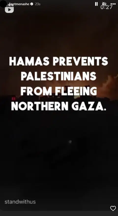 Famous Israeli-origin Turkish singer, Linet Menashi's story on her Instagram account, accusing Palestinian resistance movement Hamas of 
