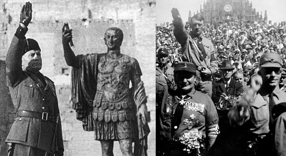 Benito Mussolini in Rome, Italy, 1940; Adolf Hitler attending a Nazi party rally in Nuremberg, Germany, circa 1928. (Photos via Wikimedia)