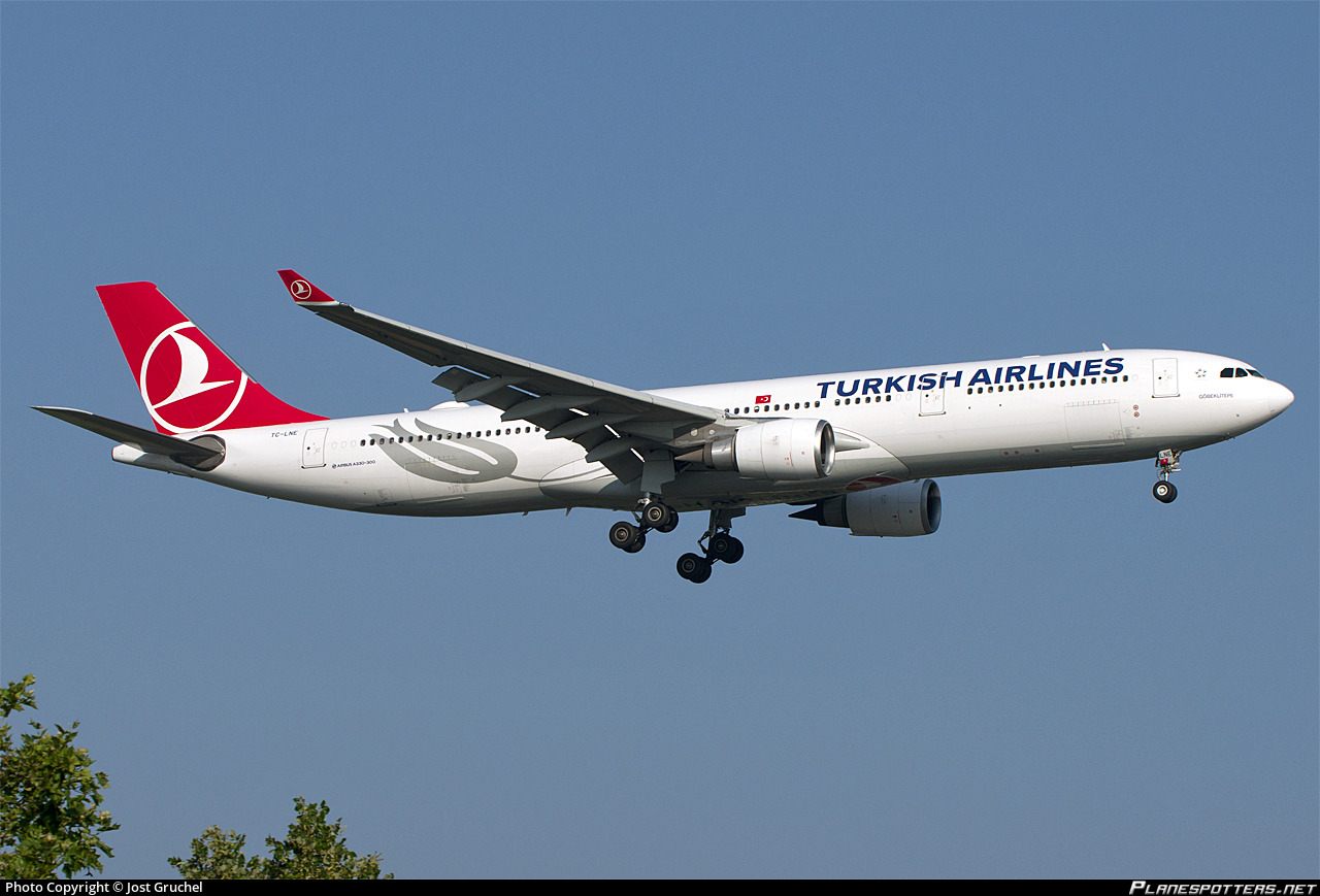 An Airbus 330 aircraft with the tail number TC-LNE, named after Gobeklitepe, belonging to Turkish Airlines. (Photo via Jet Photos)