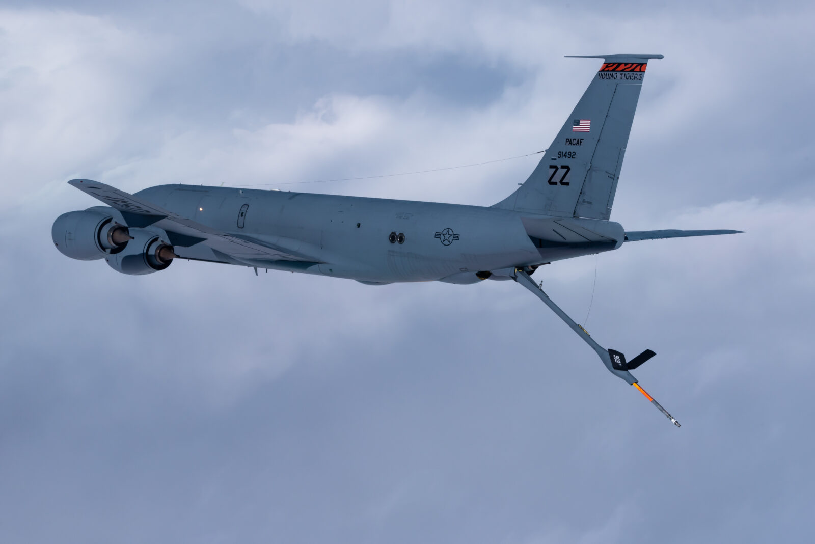 A KC-135 Stratotanker flies during routine training out of Kadena Air Base, Japan, Dec. 11, 2018. (U.S. Air Force Photo)