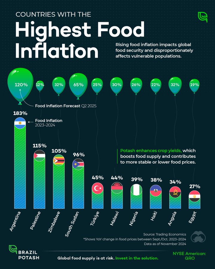 Chart reveals the countries experiencing the highest food inflation, highlighting the most affected nations worldwide. (Courtesy of Visual Capitalist)