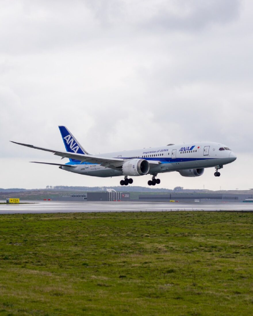An All Nippon Airways (ANA) Boeing 787-8 aircraft is captured mid-landing at Istanbul Airport during the airline's inaugural flight on the Tokyo Haneda–Istanbul route on Feb. 12, 2025. (Photo via Facebook/allnipponairways)
