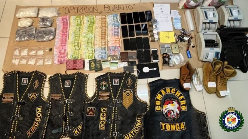 Tonga's police confiscated methamphetamine and Australian crime syndicate Comancheros' outlaw motorcycle gang jackets during raids throughout the month, Tonga, Australia, Aug. 21, 2024. (Photo via Tonga Police)